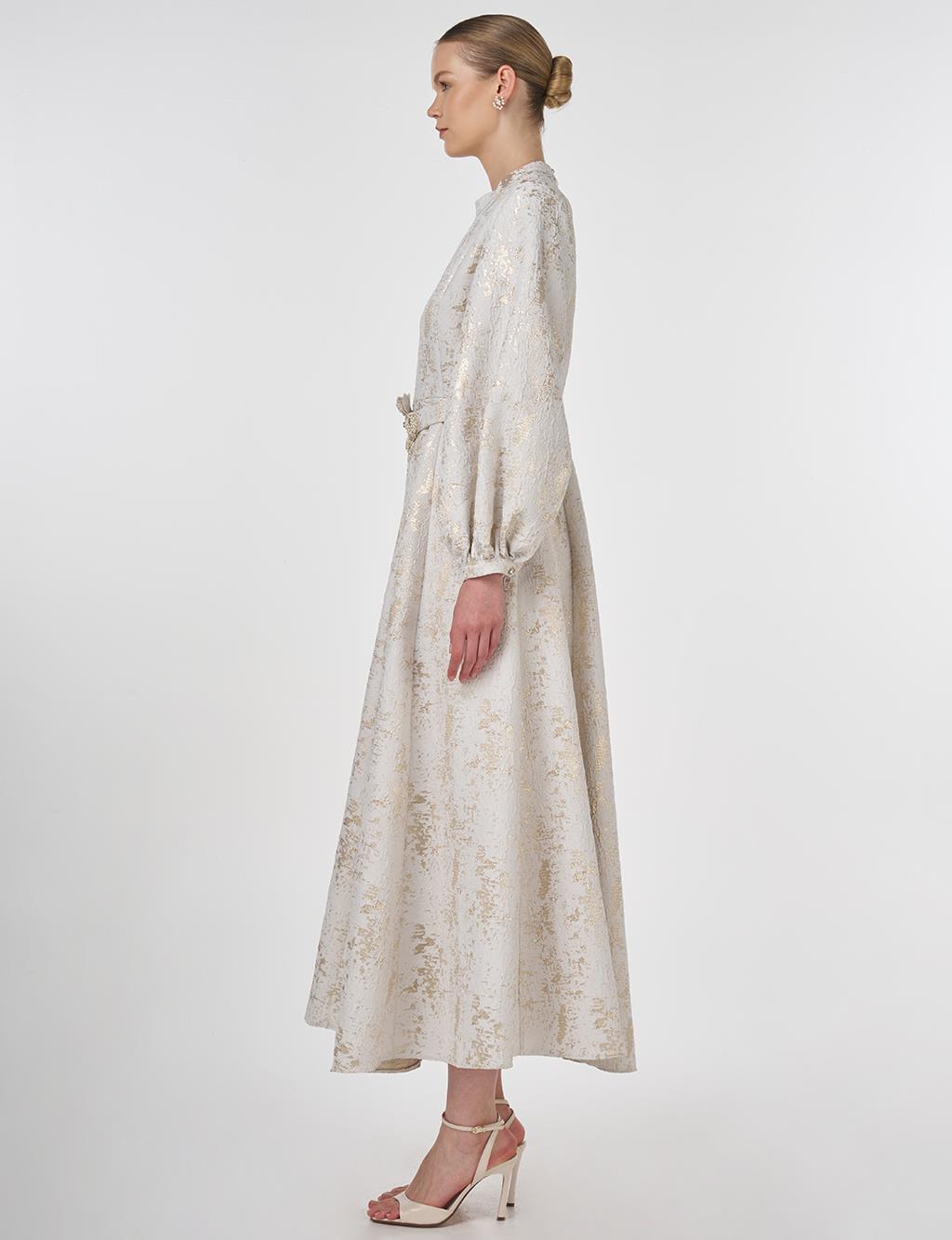 Balloon Sleeve Jacquard Elegant Dress Ecru