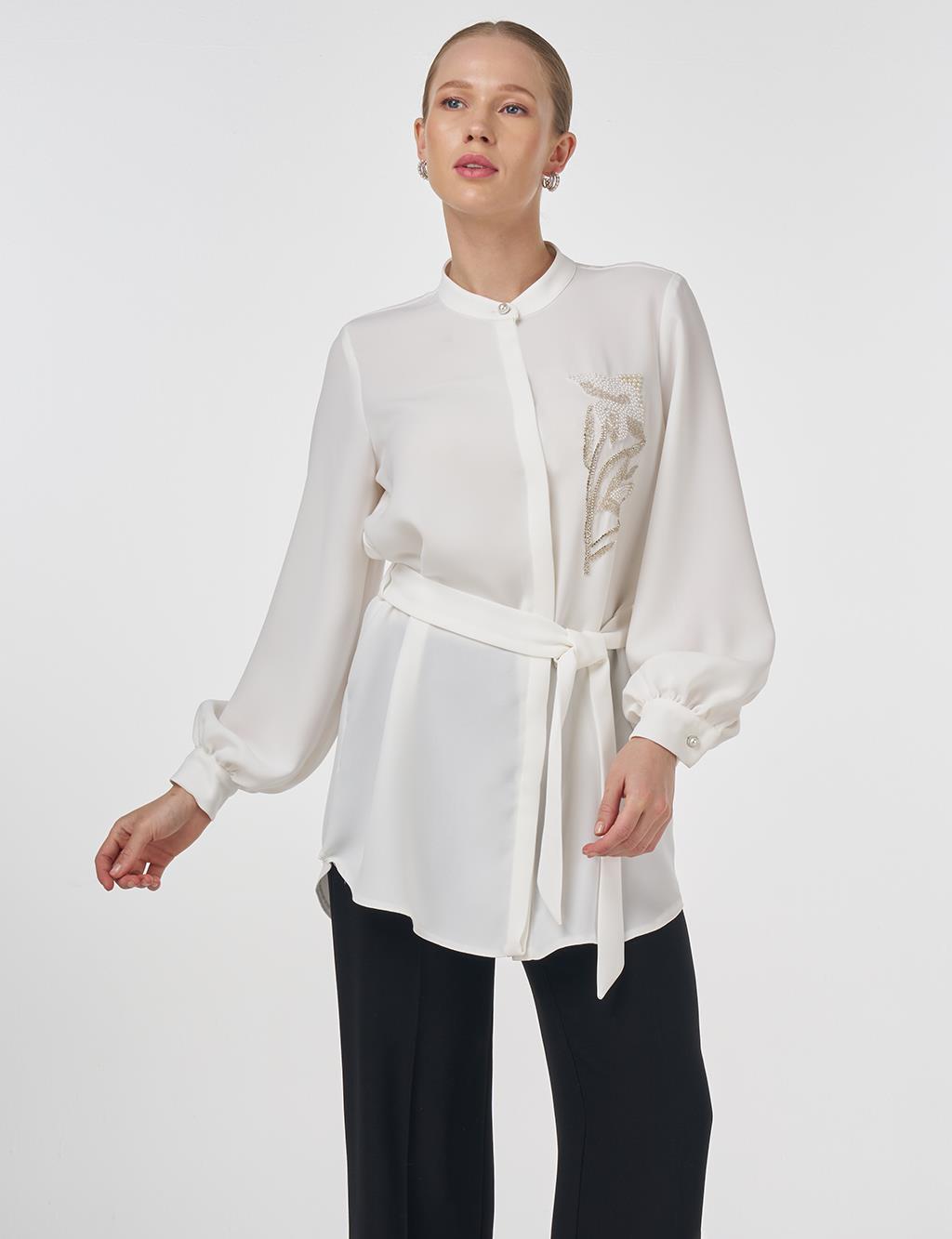 Mandarin Collar Belted Tunic Optic White 