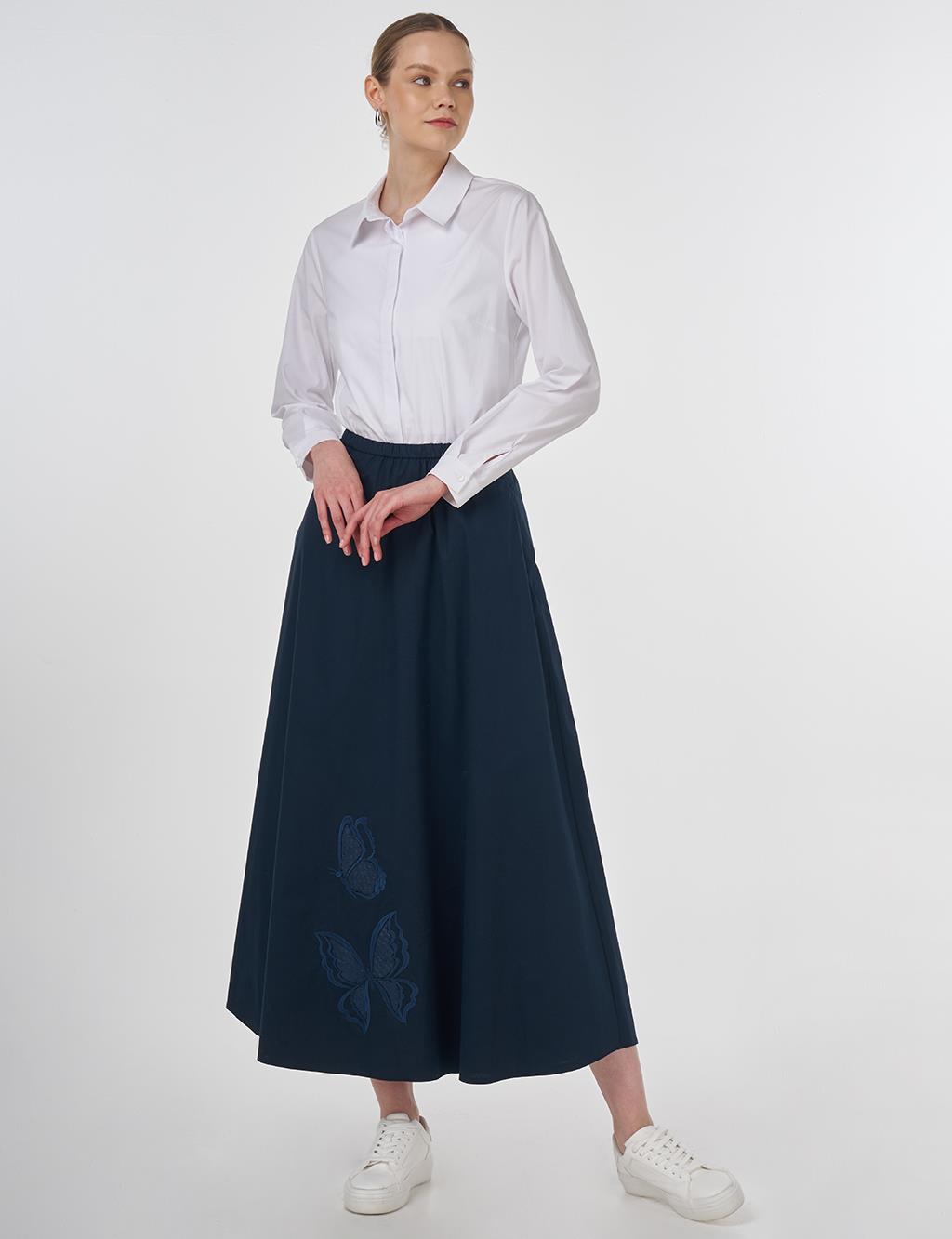 Embroidered Flared Skirt Dark Navy 