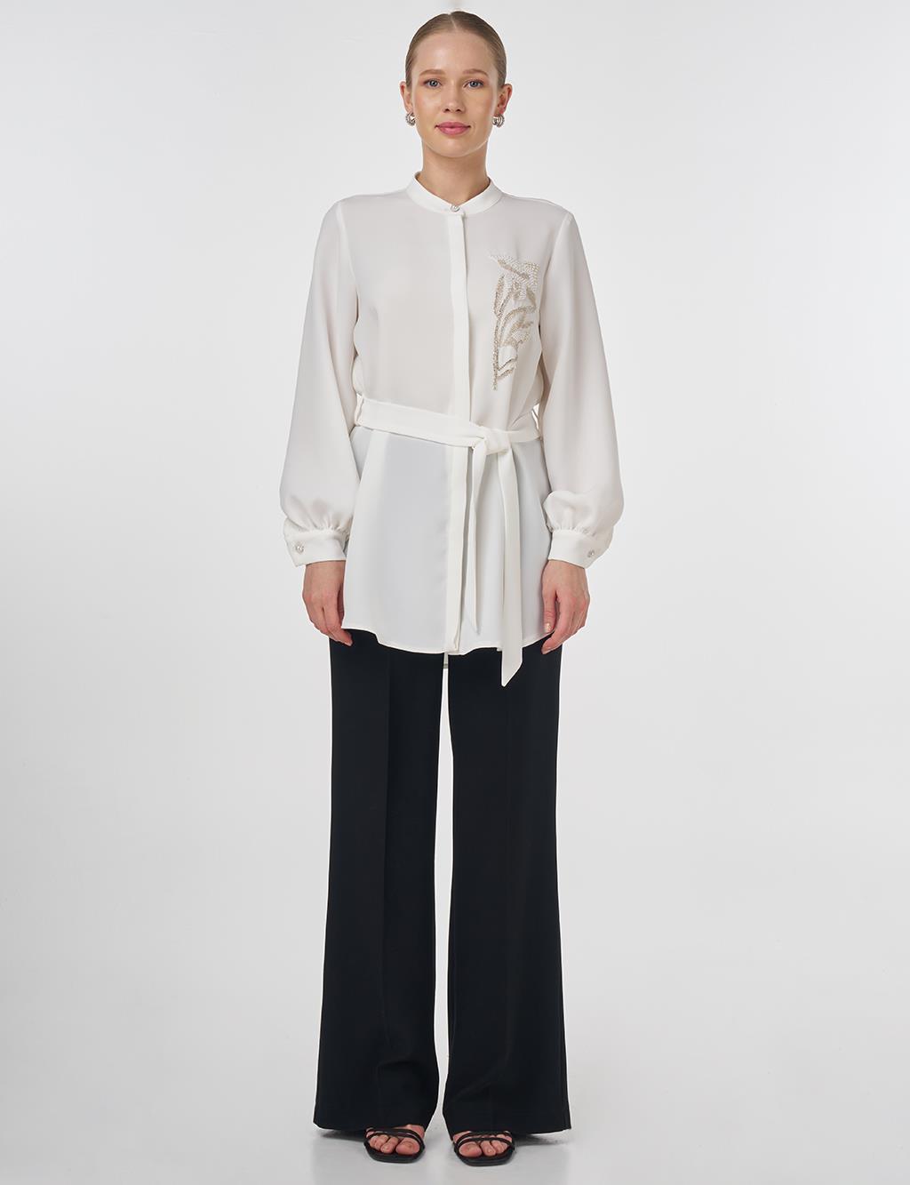 Mandarin Collar Belted Tunic Optic White 