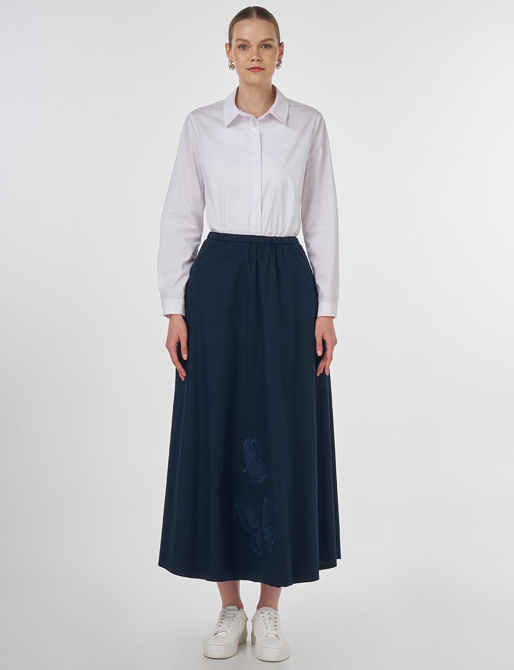 Embroidered Flared Skirt Dark Navy 