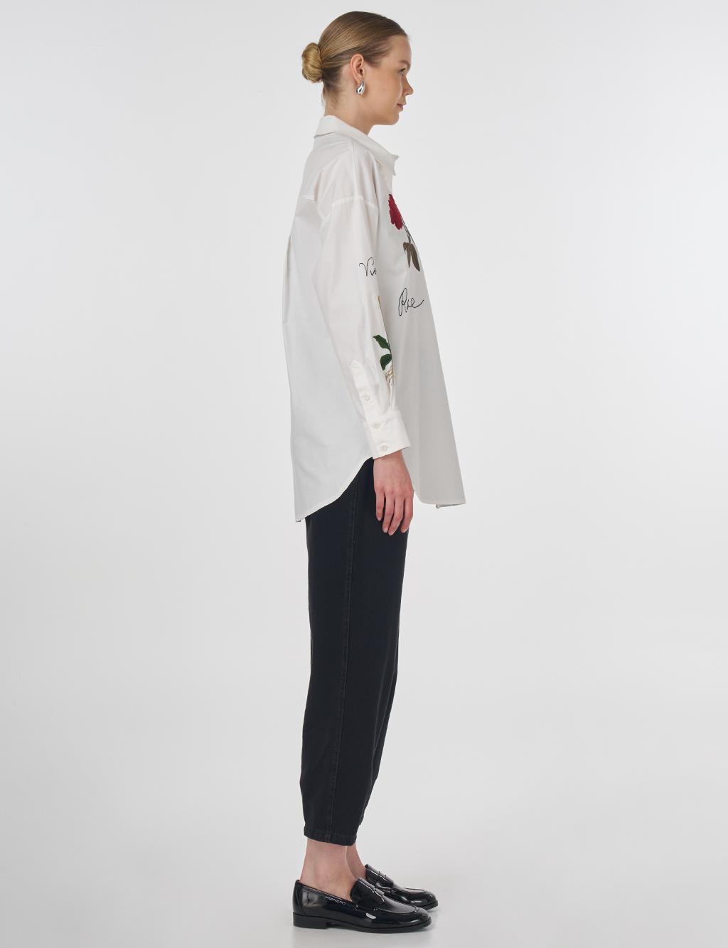 Embroidered and Slogan Cotton Tunic Ecru 