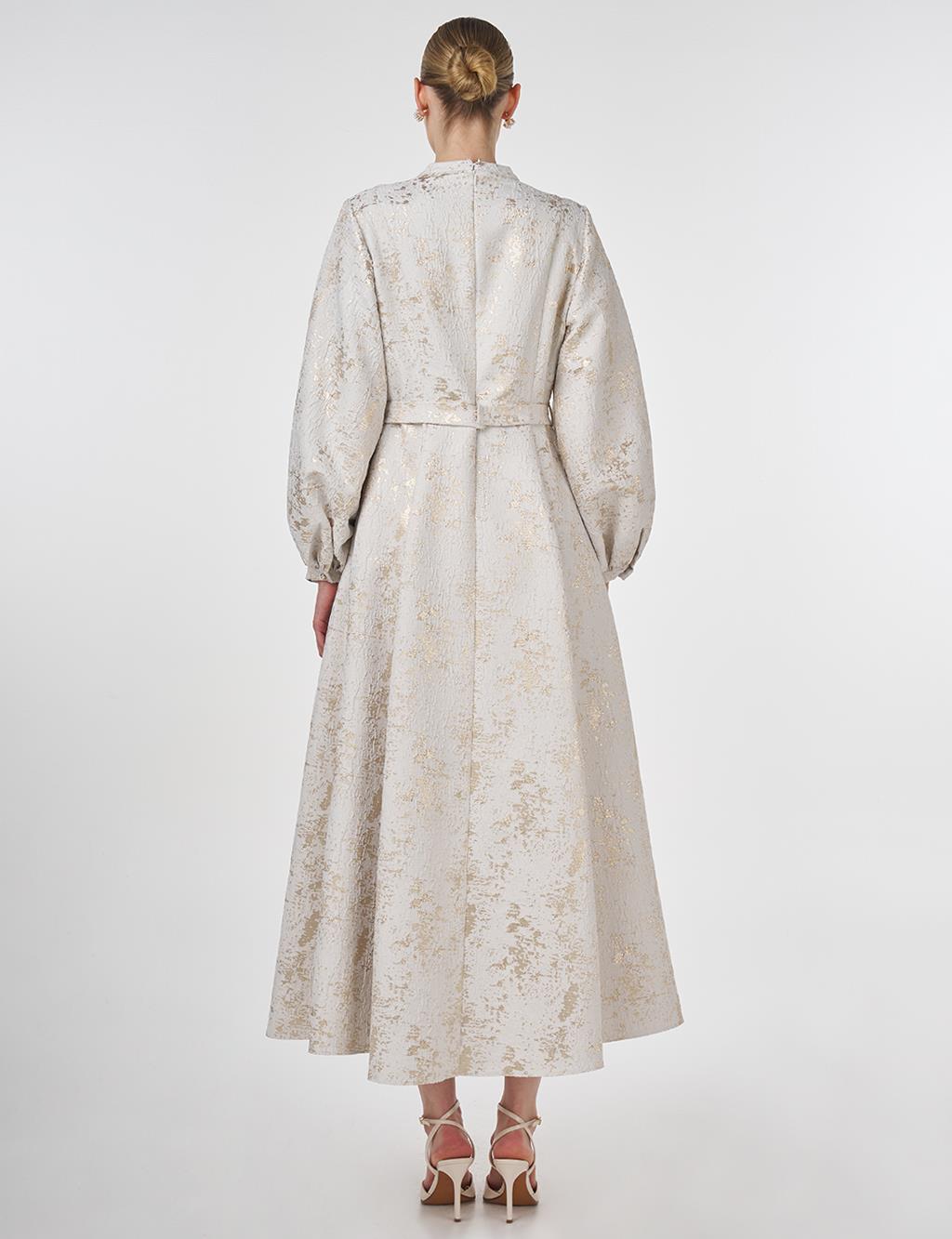 Balloon Sleeve Jacquard Elegant Dress Ecru