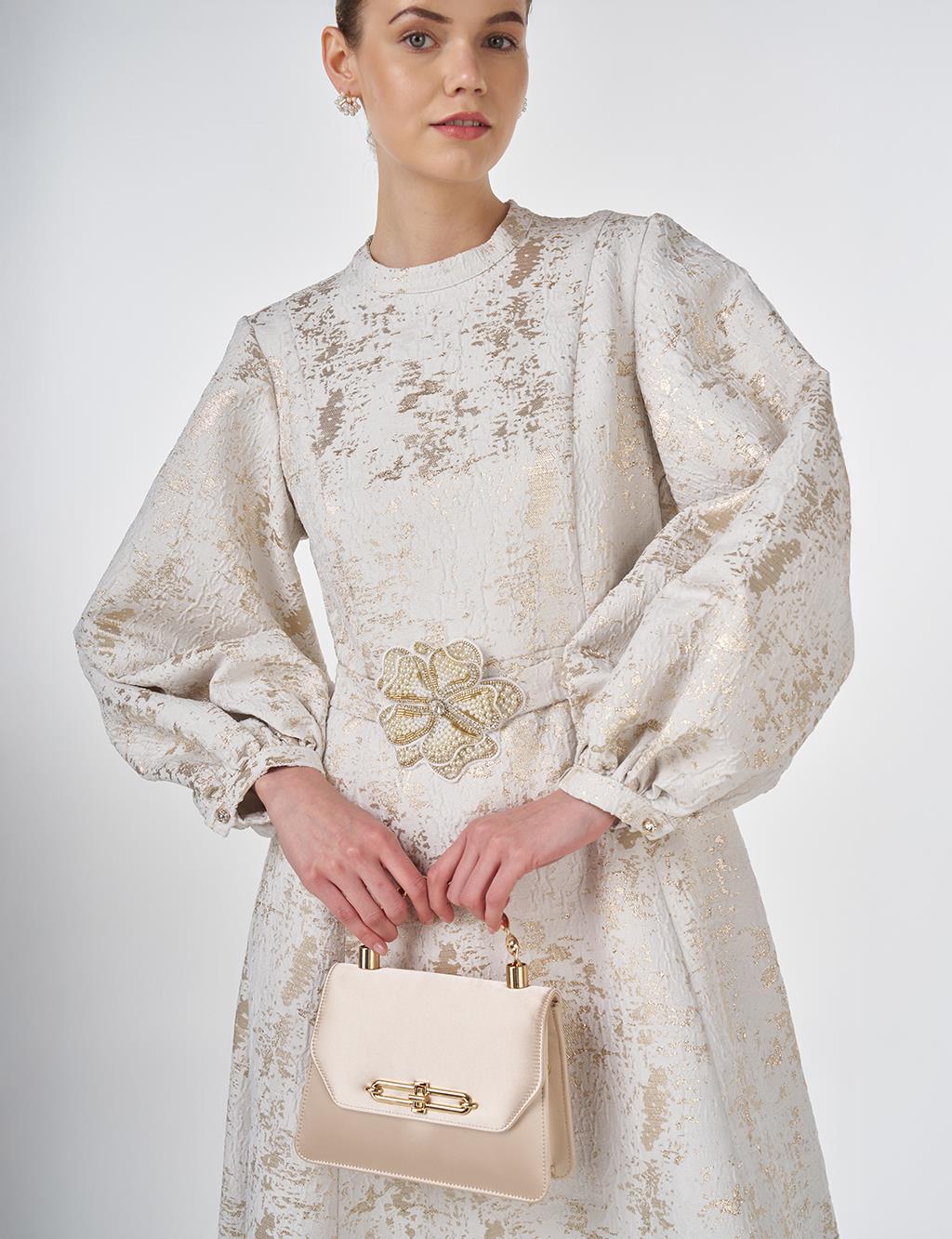 Balloon Sleeve Jacquard Elegant Dress Ecru