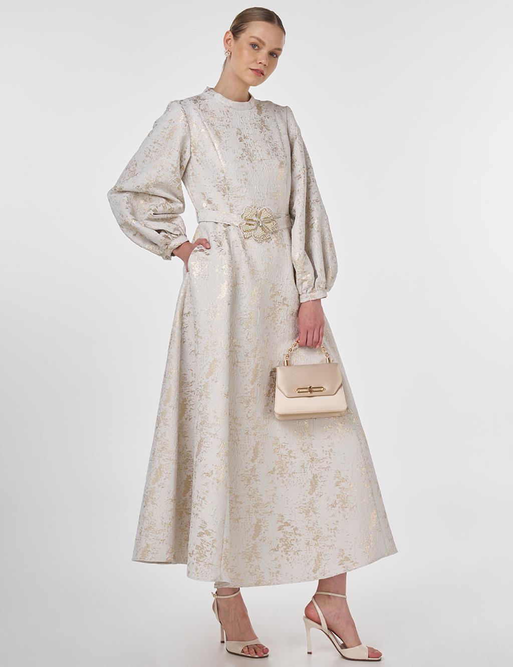 Balloon Sleeve Jacquard Elegant Dress Ecru