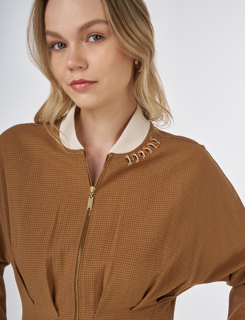 Embroidered Pleated Dress Beige