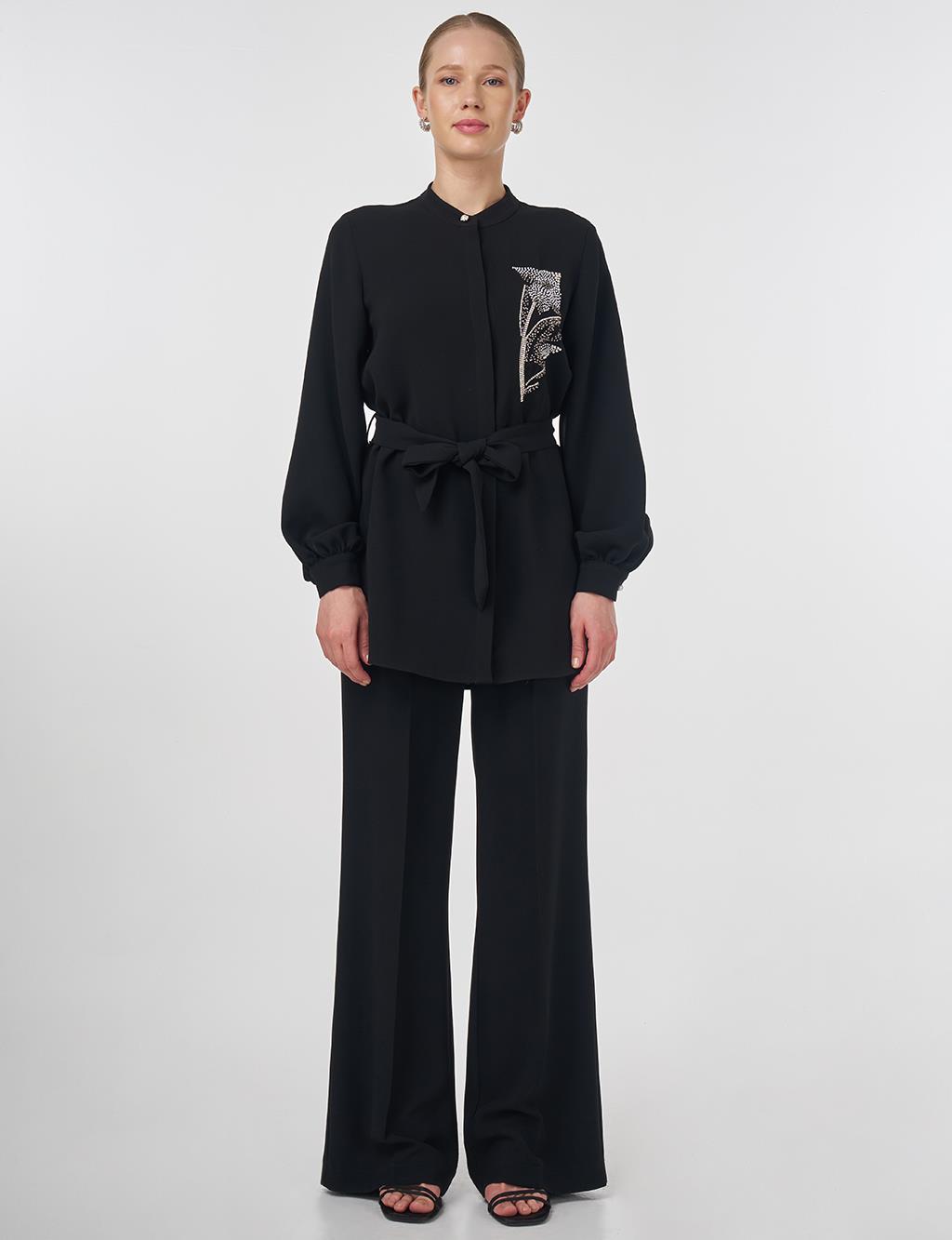 Mandarin Collar Belted Tunic Black 