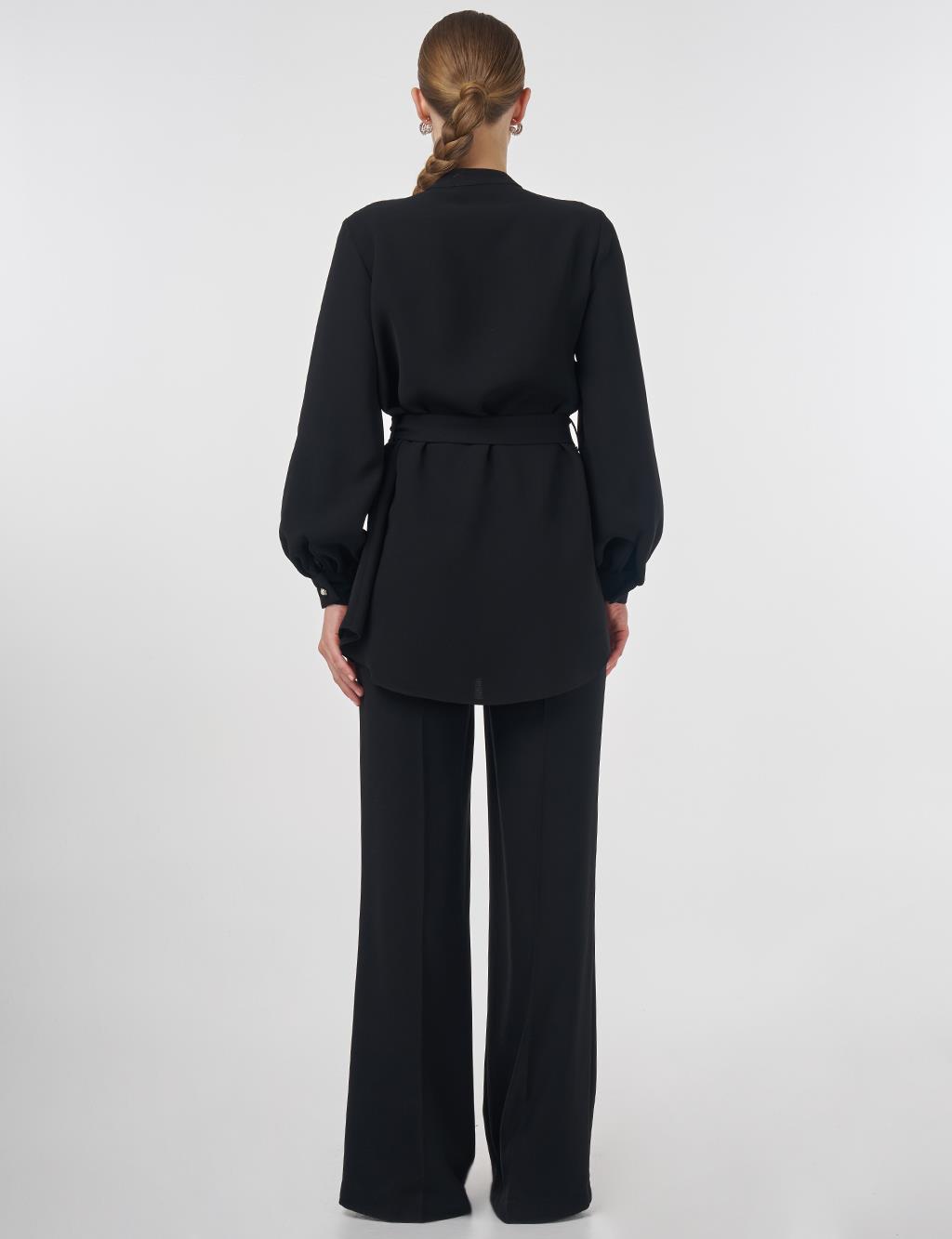 Mandarin Collar Belted Tunic Black 