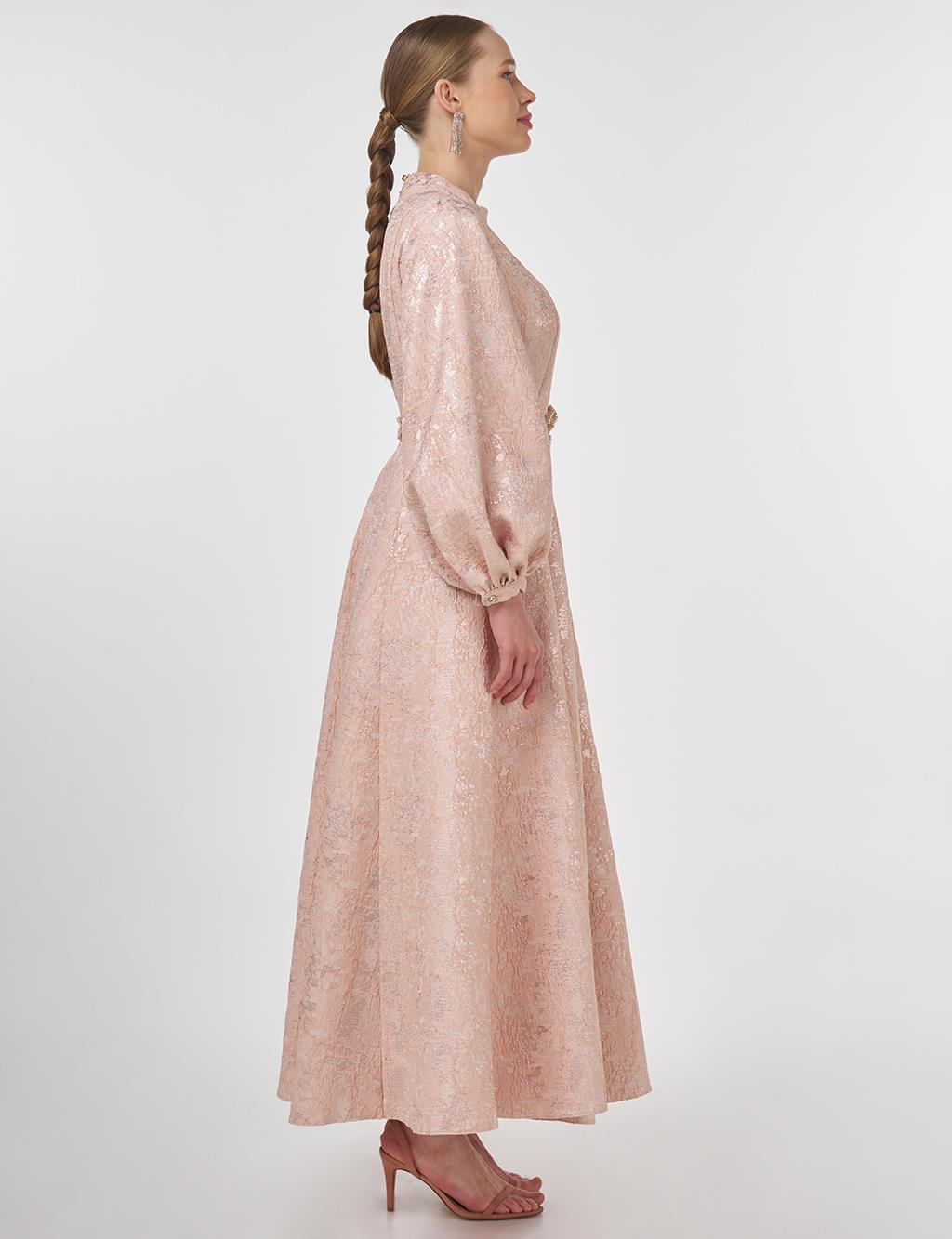 Balloon Sleeve Jacquard Elegant Dress Powder Pink 