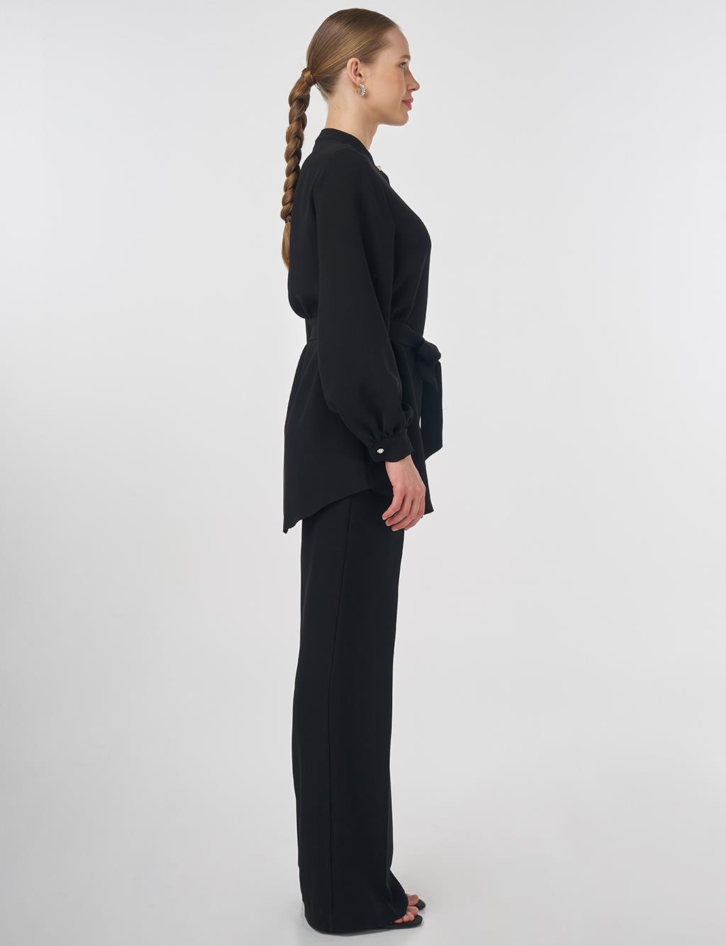 Mandarin Collar Belted Tunic Black 