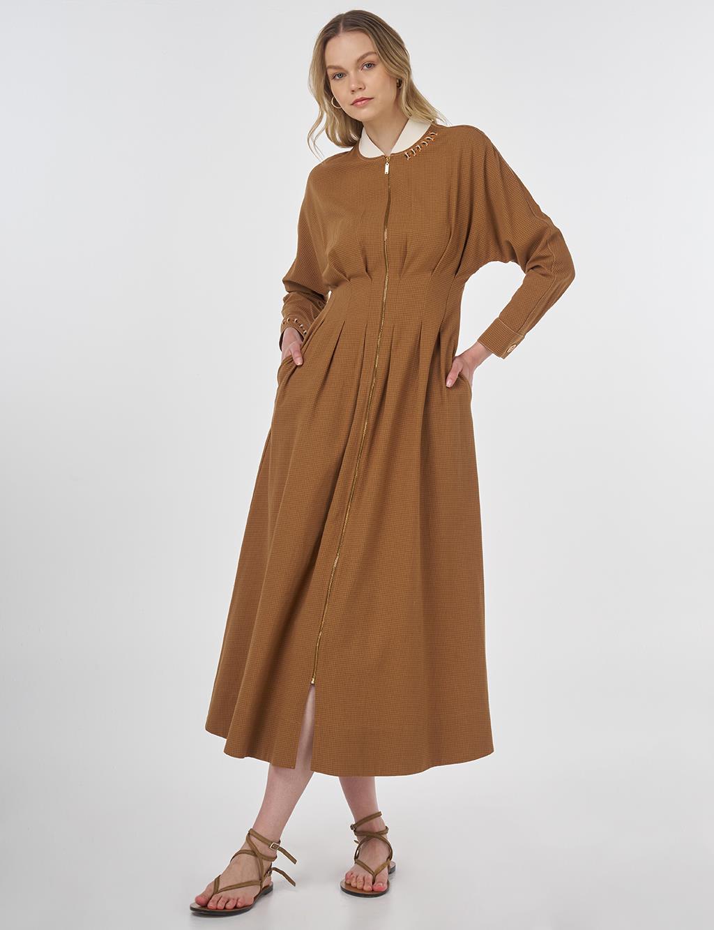 Embroidered Pleated Dress Beige