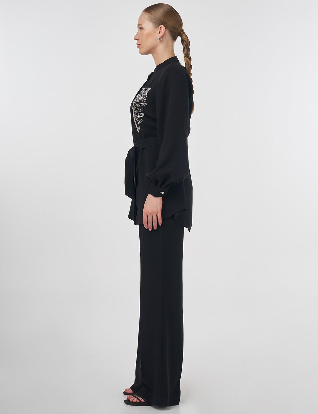 Mandarin Collar Belted Tunic Black 