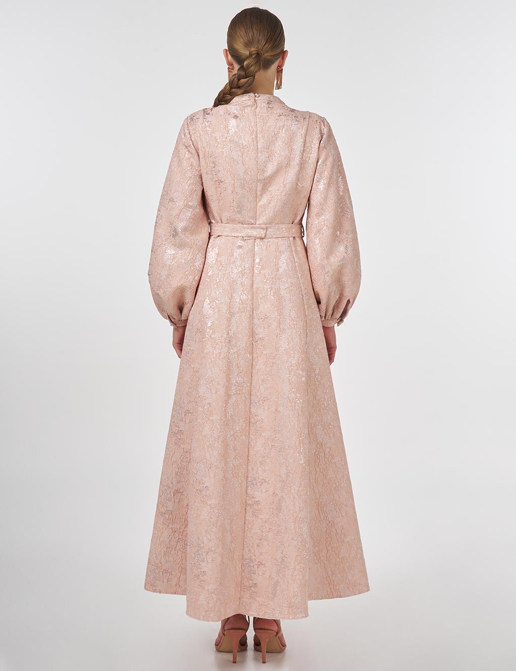 Balloon Sleeve Jacquard Elegant Dress Powder Pink 
