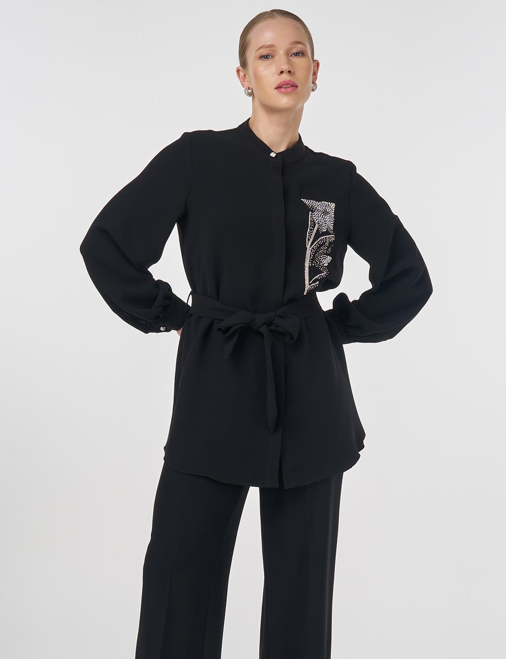 Mandarin Collar Belted Tunic Black 
