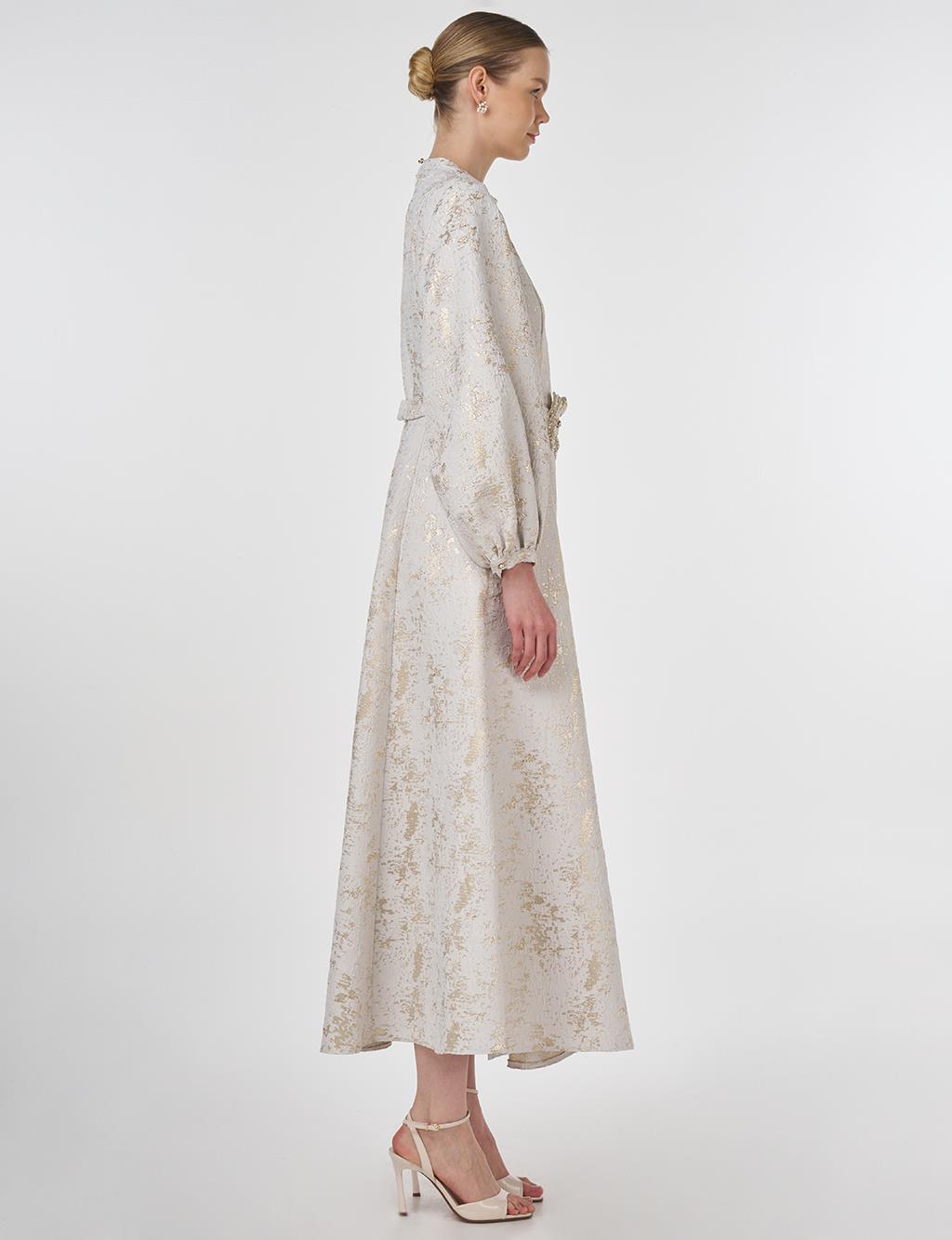 Balloon Sleeve Jacquard Elegant Dress Ecru