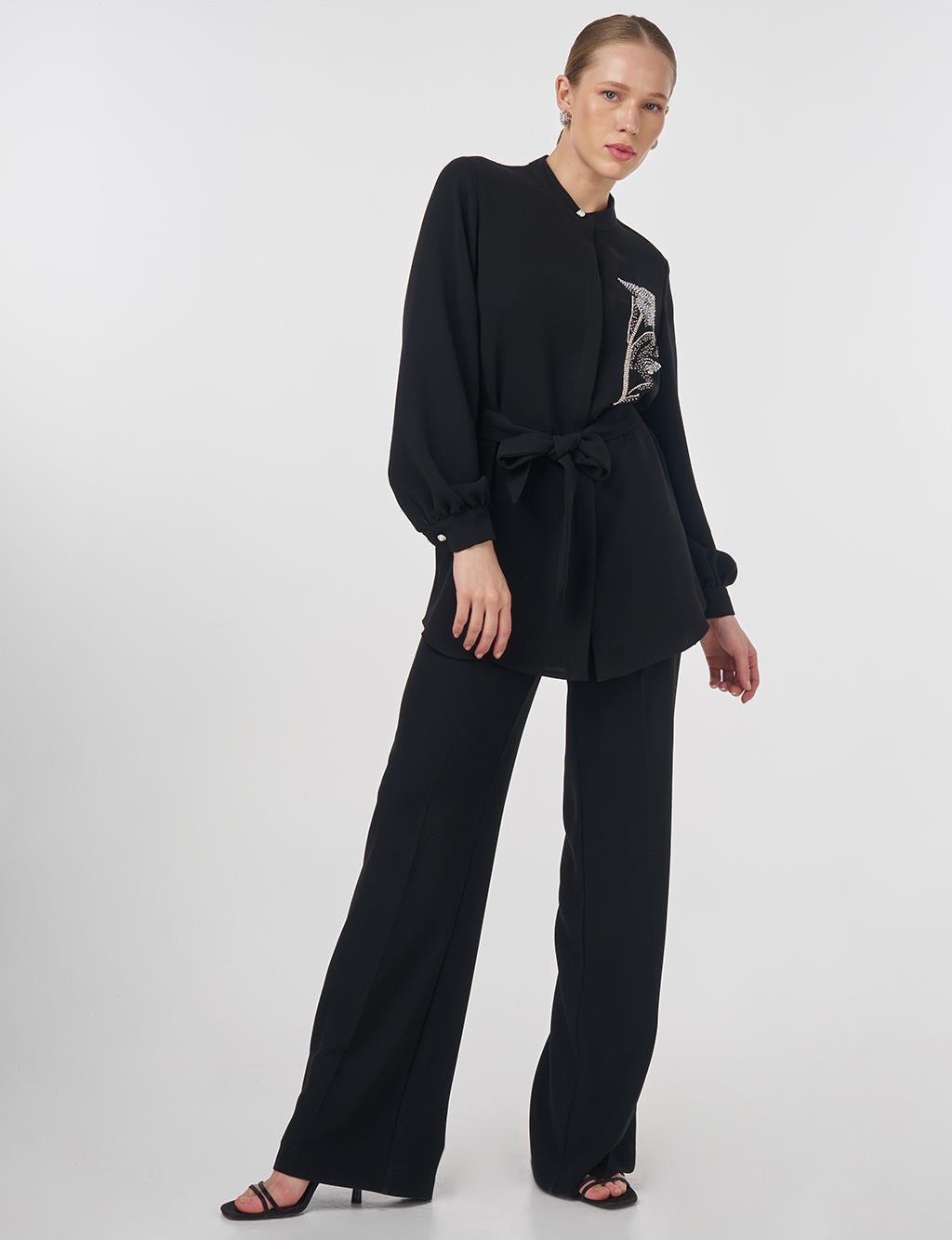 Mandarin Collar Belted Tunic Black 