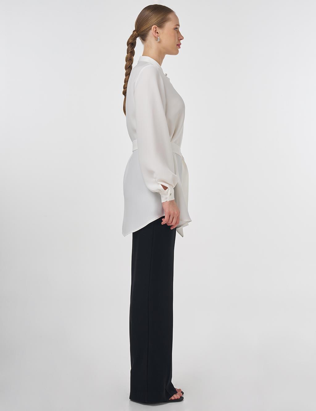 Mandarin Collar Belted Tunic Optic White 