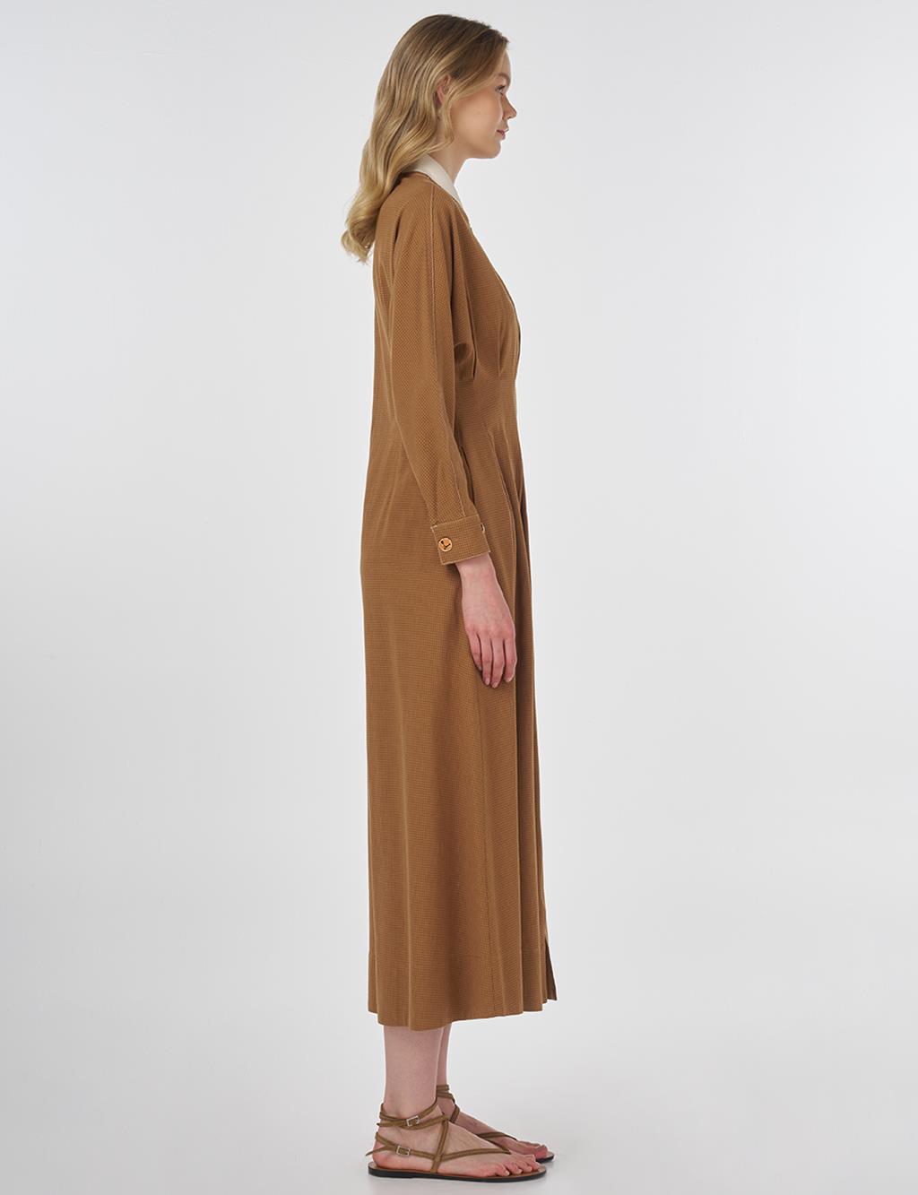 Embroidered Pleated Dress Beige