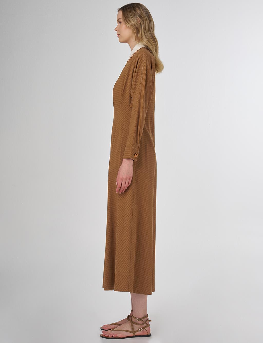Embroidered Pleated Dress Beige