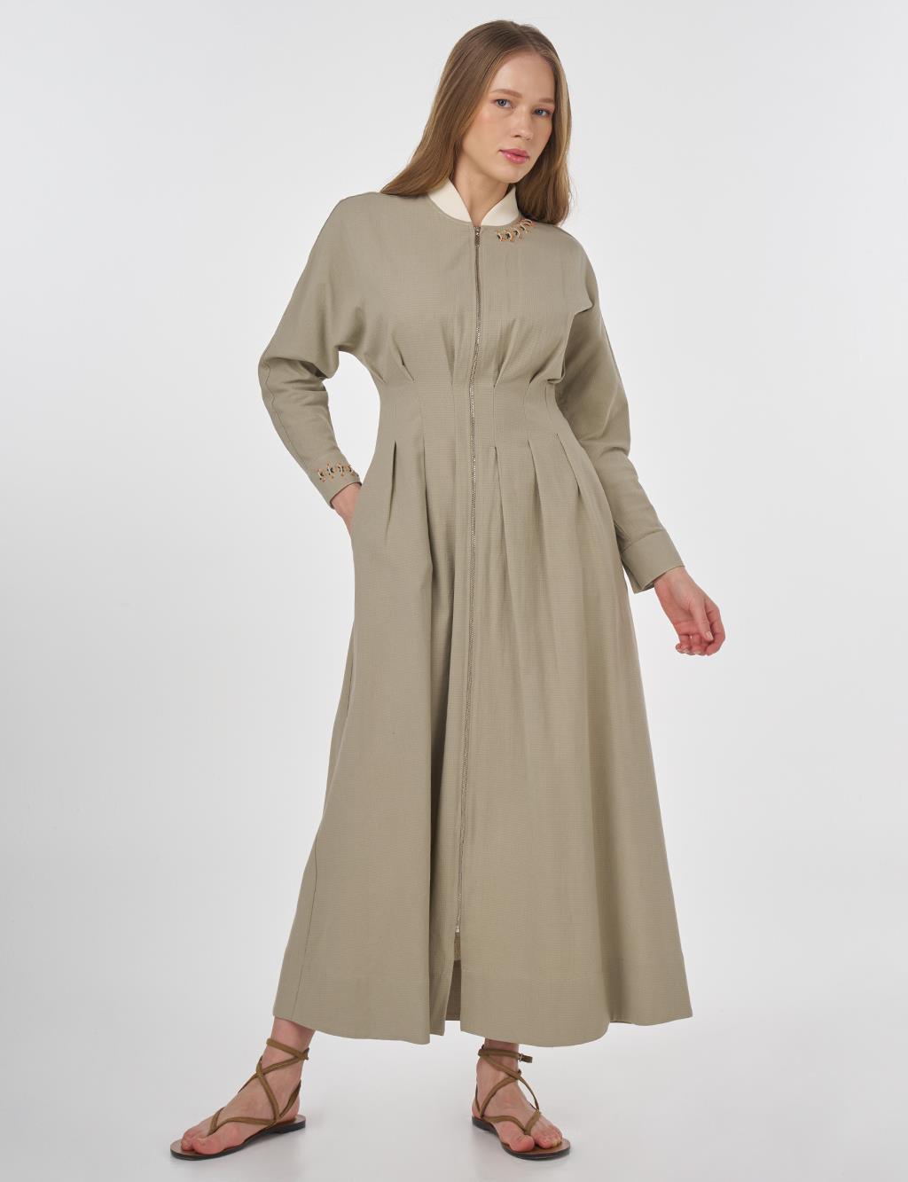 Embroidered Pleated Dress Moss Green