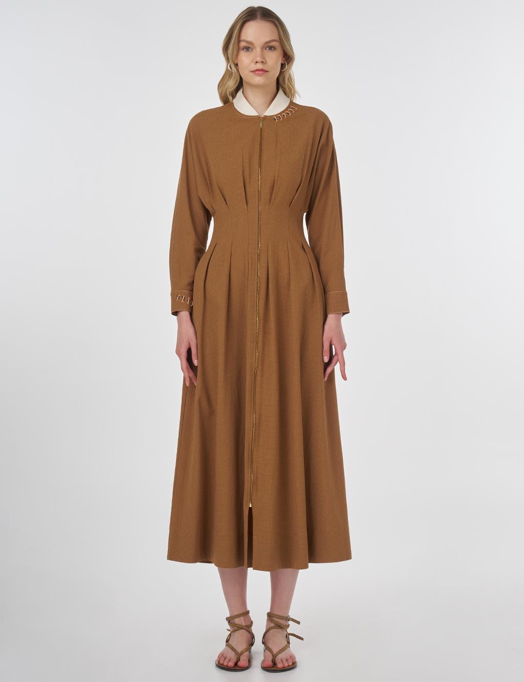 Embroidered Pleated Dress Beige