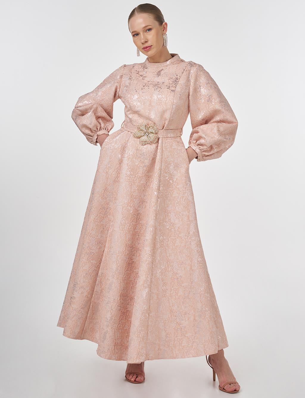 Balloon Sleeve Jacquard Elegant Dress Powder Pink 