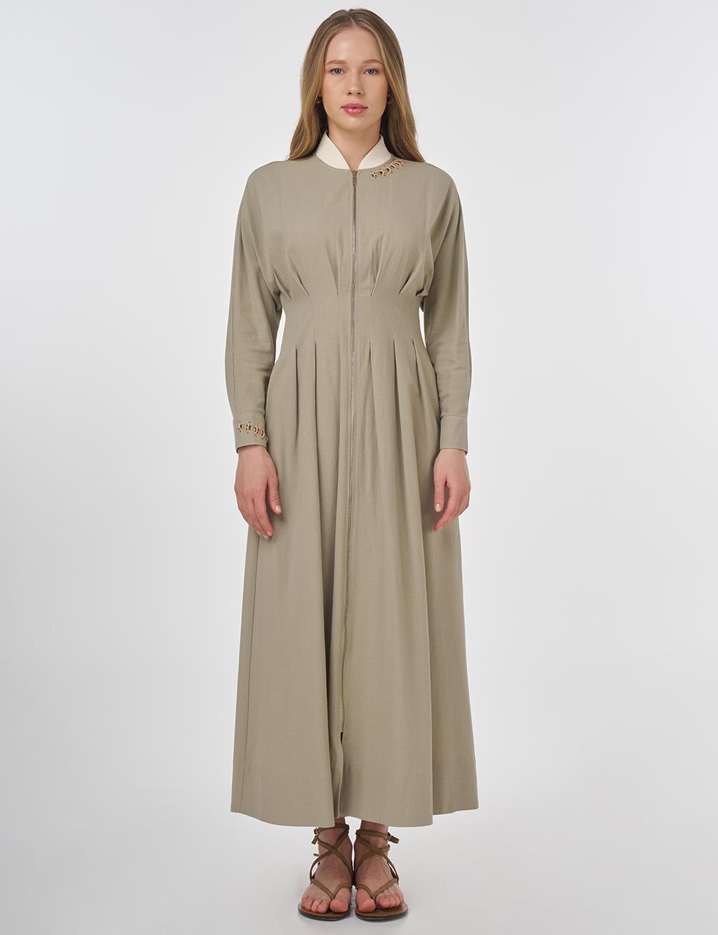 Embroidered Pleated Dress Moss Green