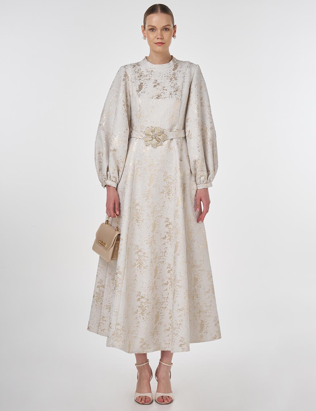 Balloon Sleeve Jacquard Elegant Dress Ecru