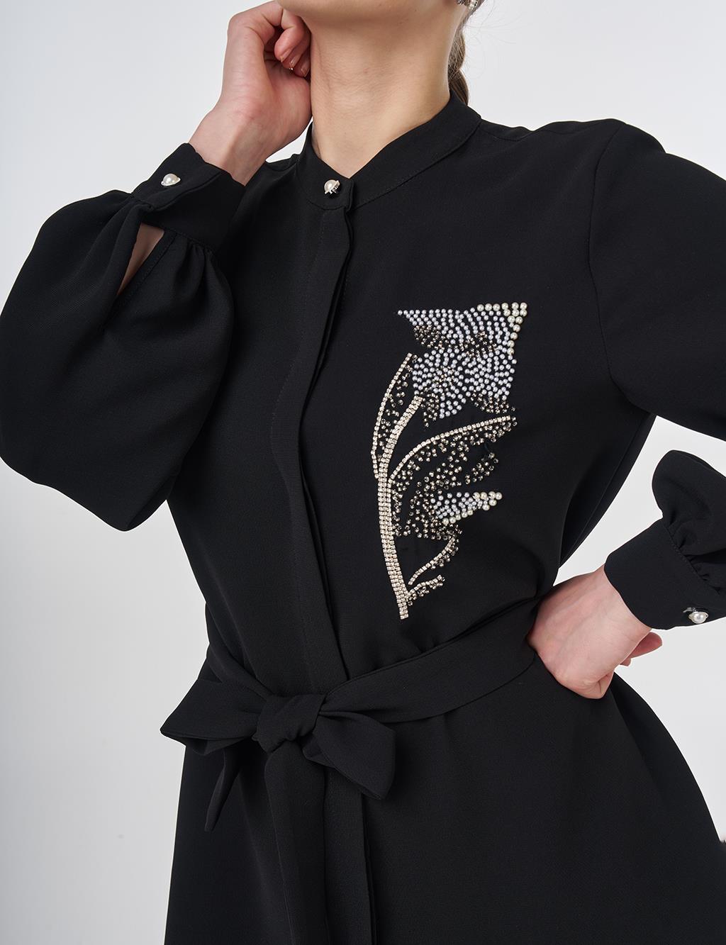 Mandarin Collar Belted Tunic Black 
