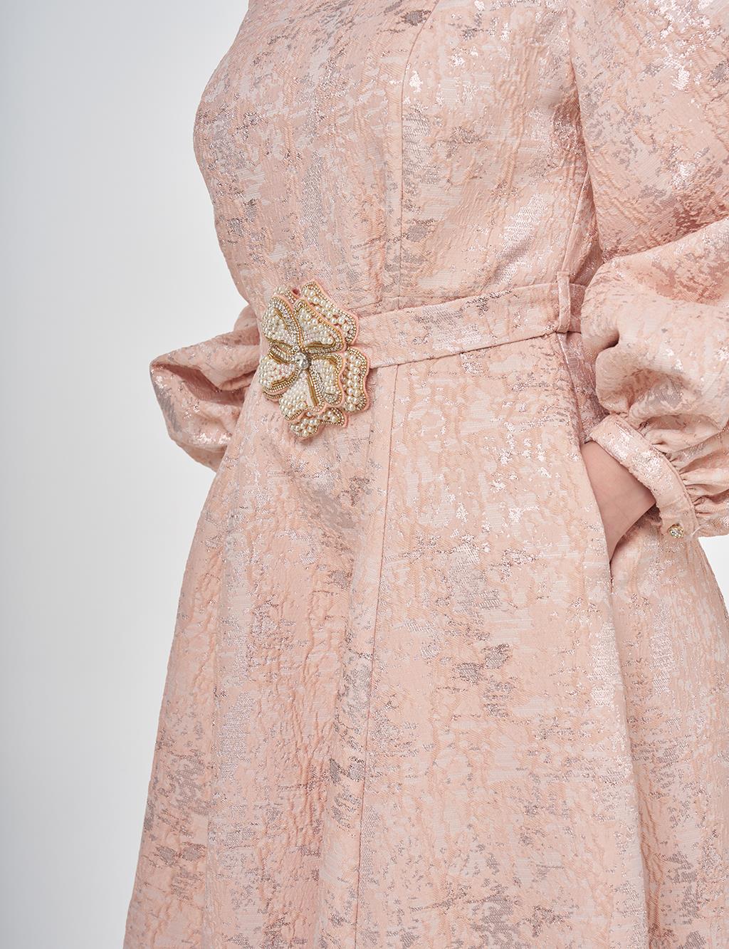 Balloon Sleeve Jacquard Elegant Dress Powder Pink 