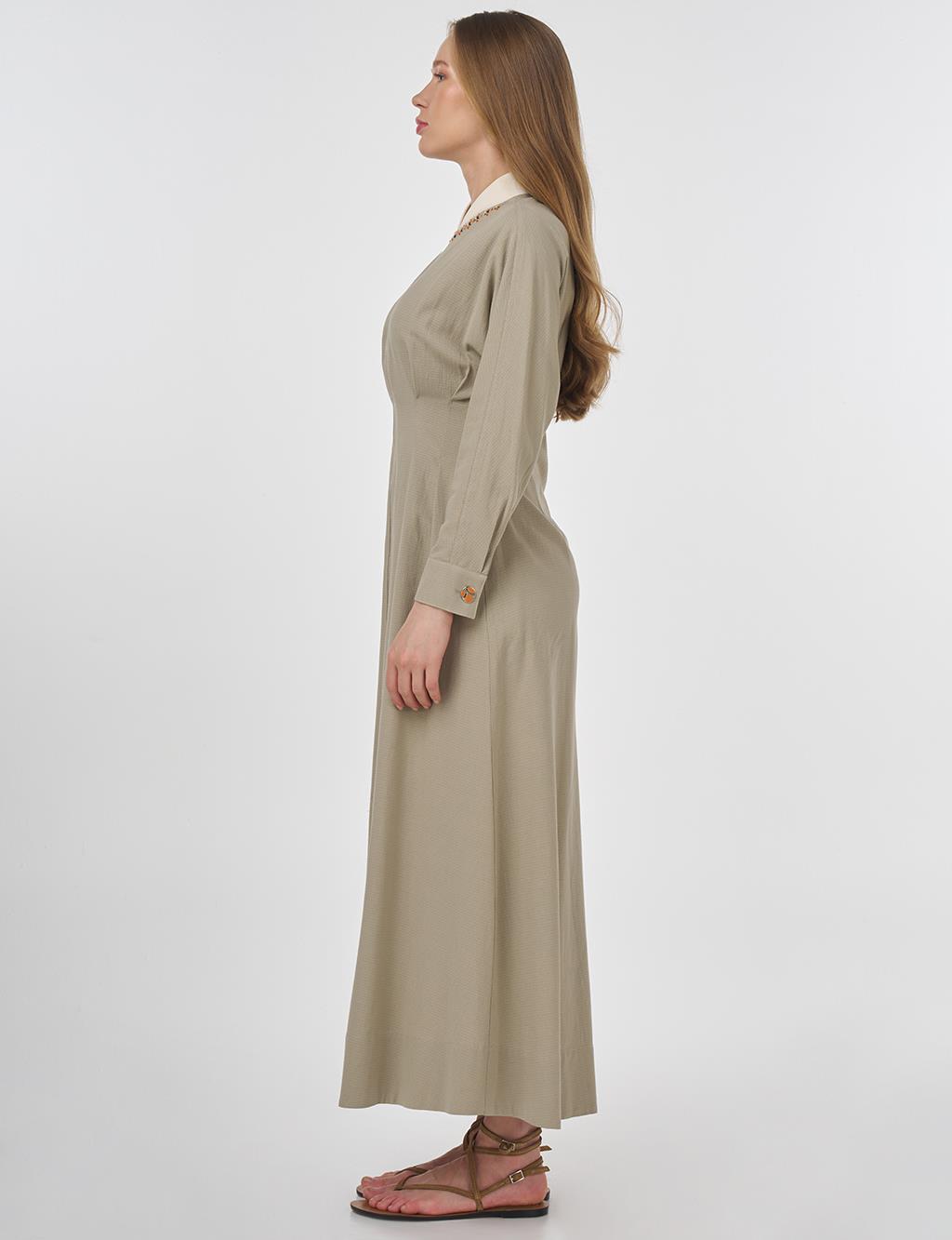 Embroidered Pleated Dress Moss Green