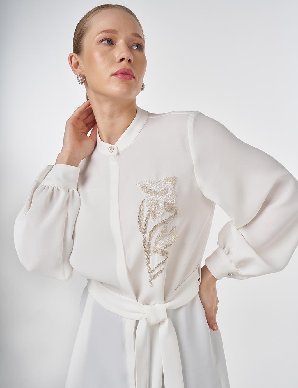Mandarin Collar Belted Tunic Optic White 