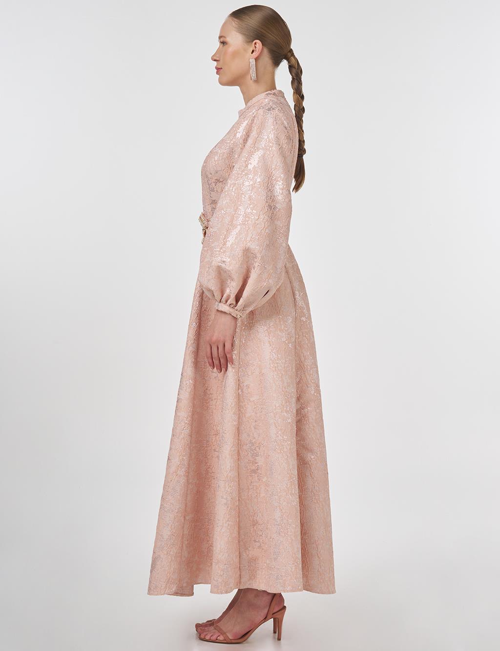 Balloon Sleeve Jacquard Elegant Dress Powder Pink 