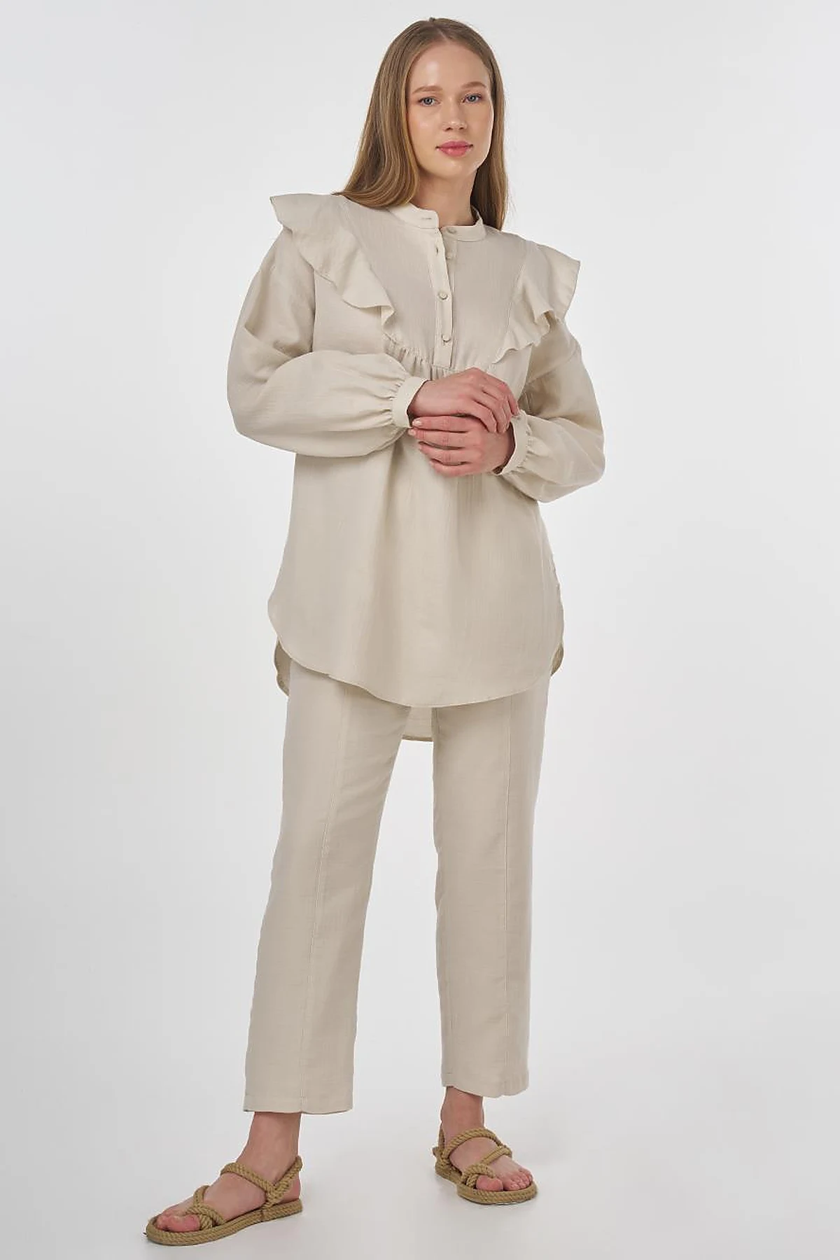 Ruffled Two-Piece Muslin Set Cream 