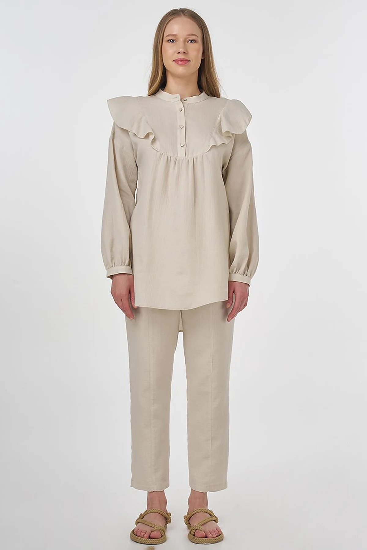 Ruffled Two-Piece Muslin Set Cream 