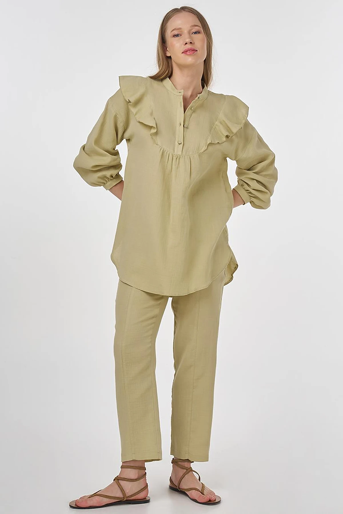 Ruffled Two-Piece Muslin Set Moss Green