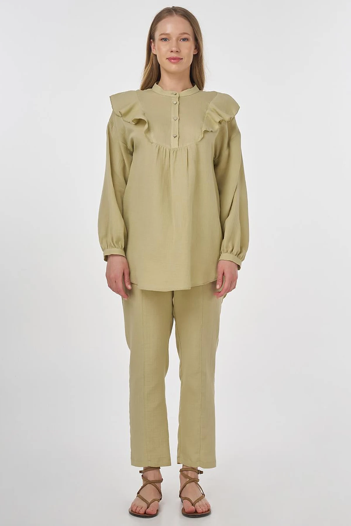 Ruffled Two-Piece Muslin Set Moss Green