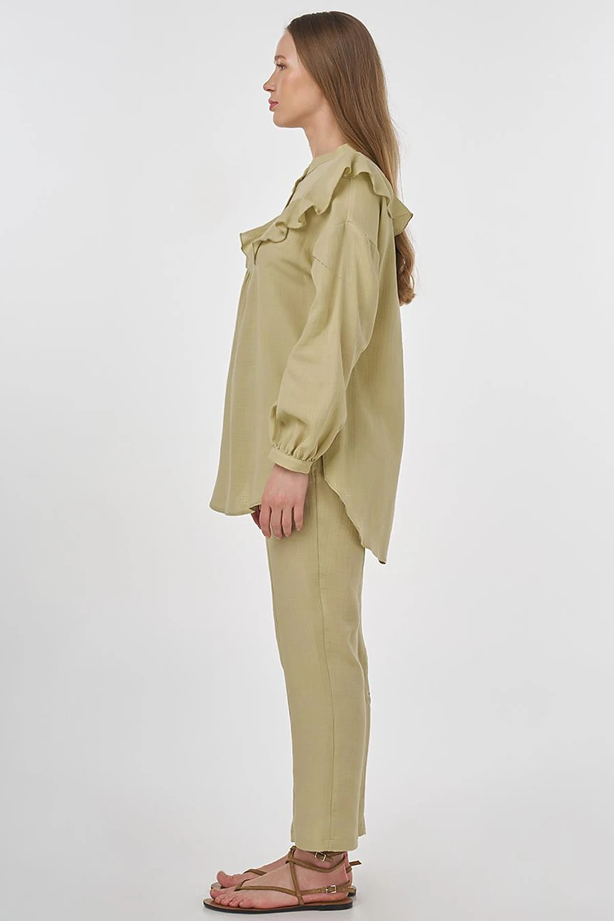 Ruffled Two-Piece Muslin Set Moss Green