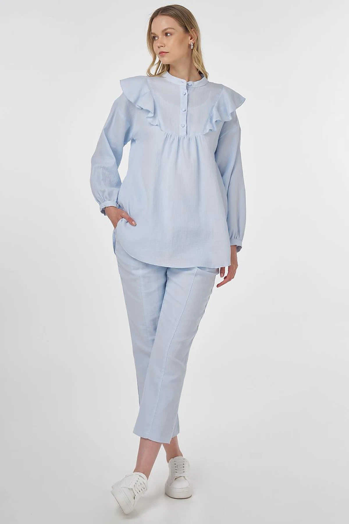 Ruffled Two-Piece Muslin Set Blue