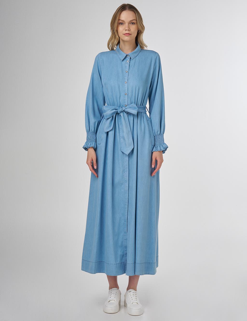 Lyocell Dress with Shirred Cuffs Ice Blue