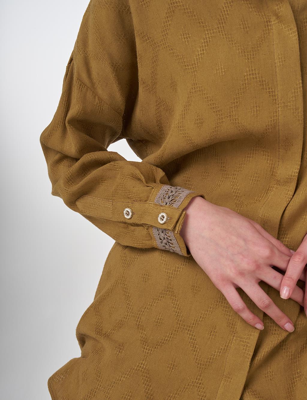 Diamond Pattern Mandarin Collar Blouse Dark Olive