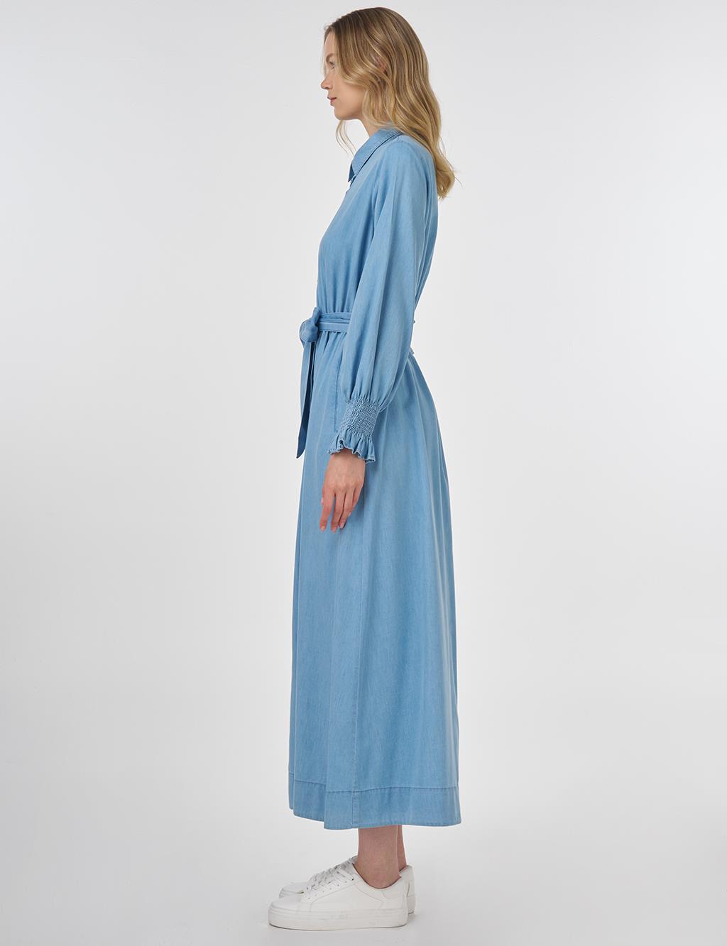 Lyocell Dress with Shirred Cuffs Ice Blue