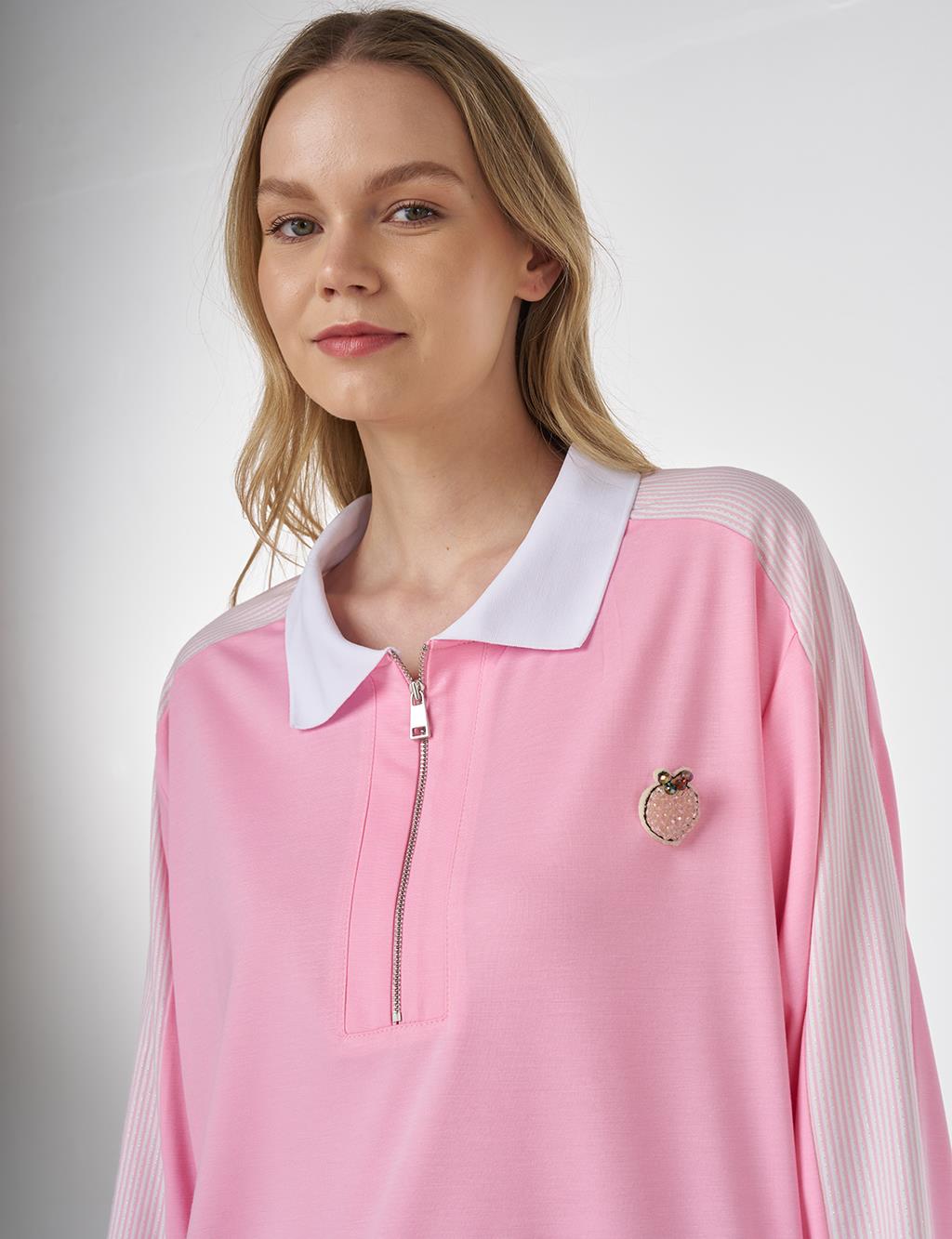 Brooch-Embellished Fabric-Trim Sweatshirt Candy Pink