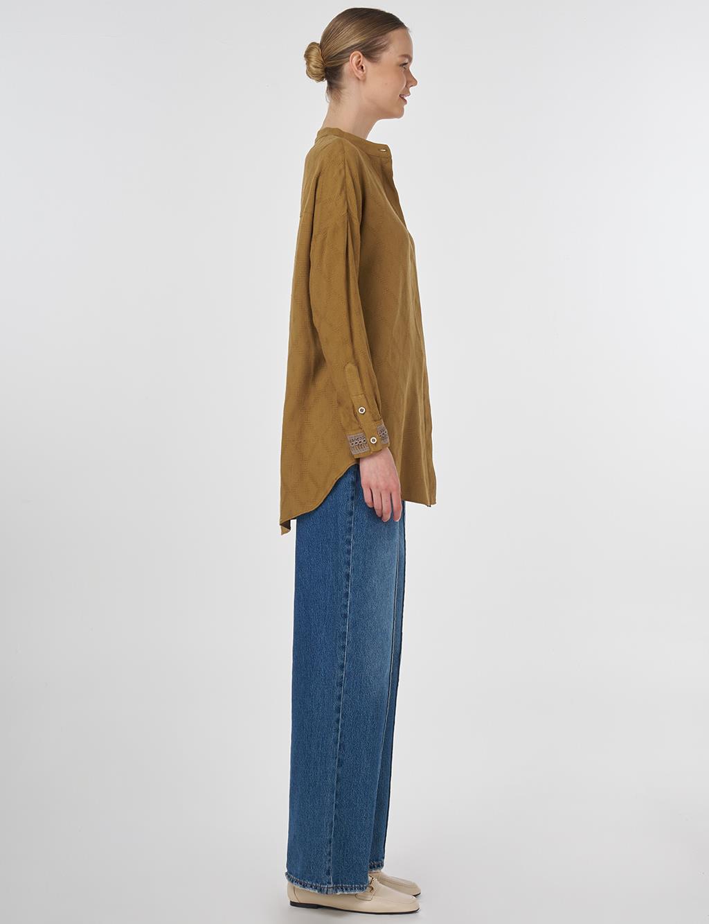 Diamond Pattern Mandarin Collar Blouse Dark Olive
