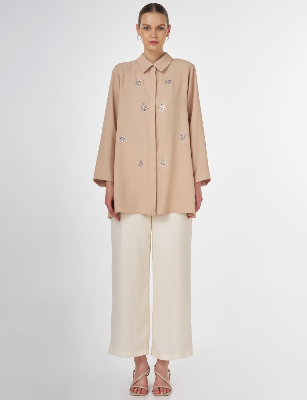 Stone-Embellished Crepe Tunic Beige