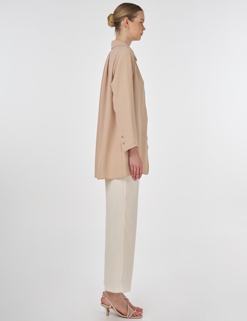 Stone-Embellished Crepe Tunic Beige