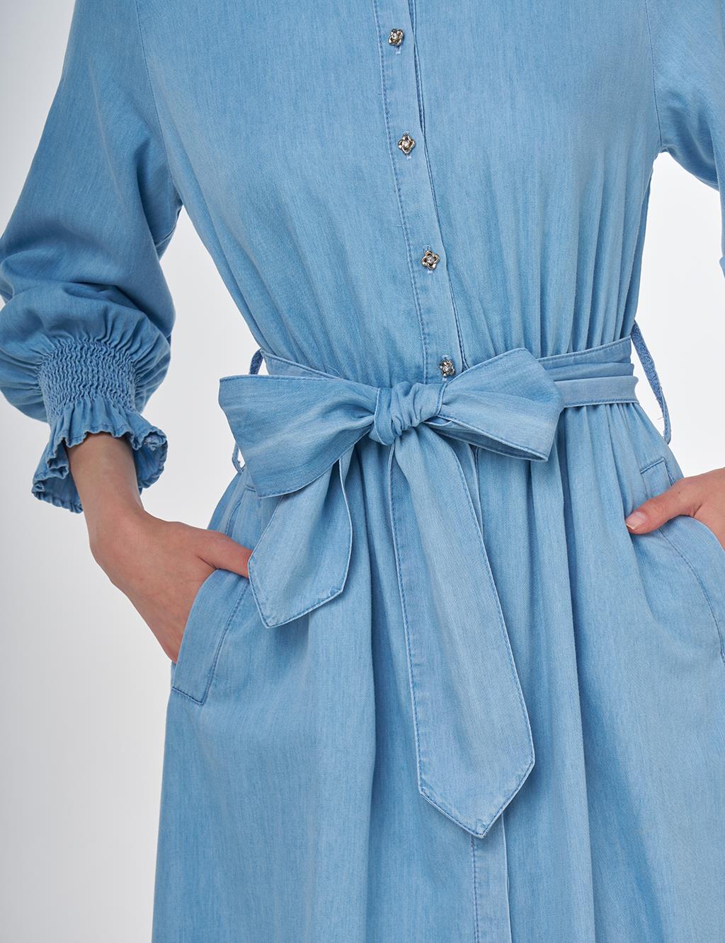 Lyocell Dress with Shirred Cuffs Ice Blue
