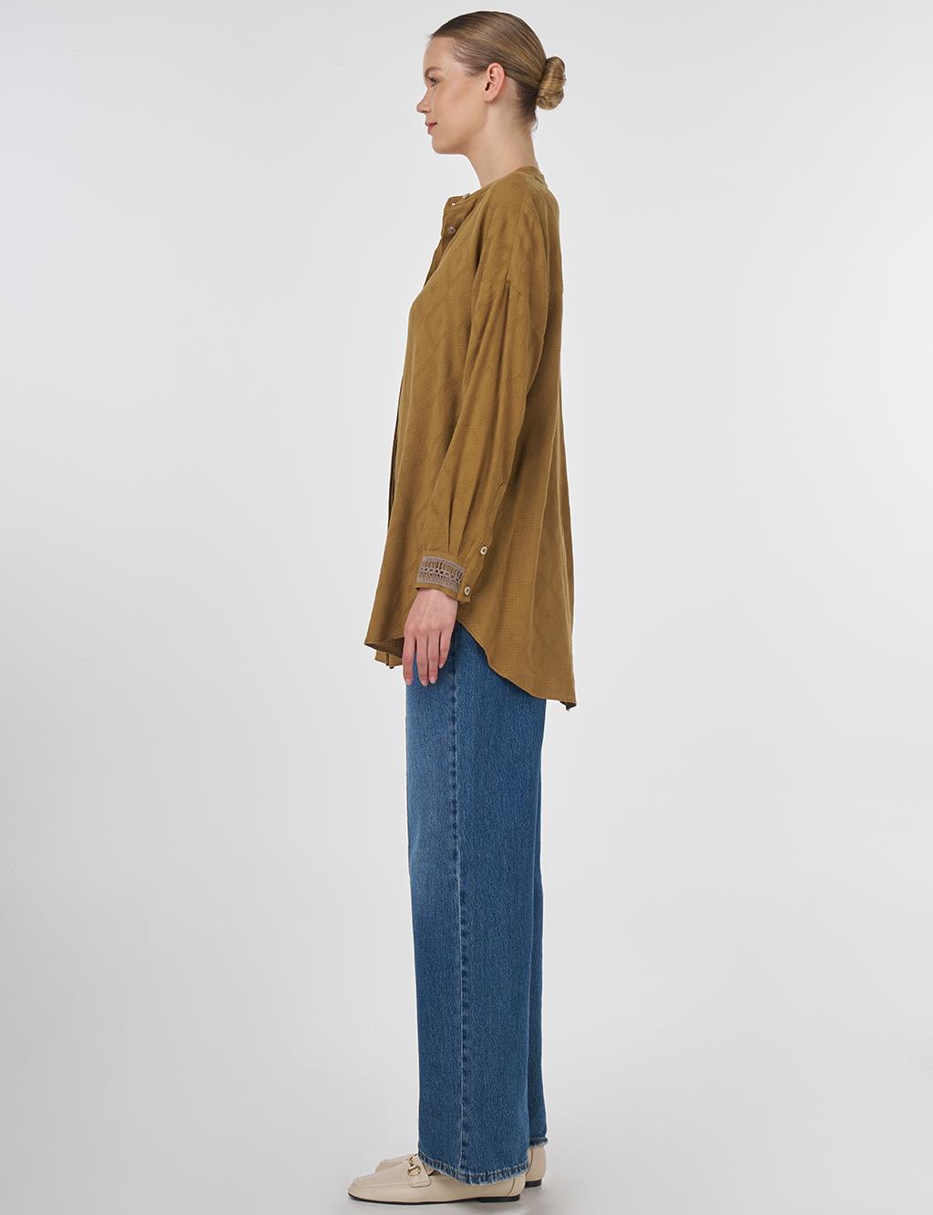 Diamond Pattern Mandarin Collar Blouse Dark Olive