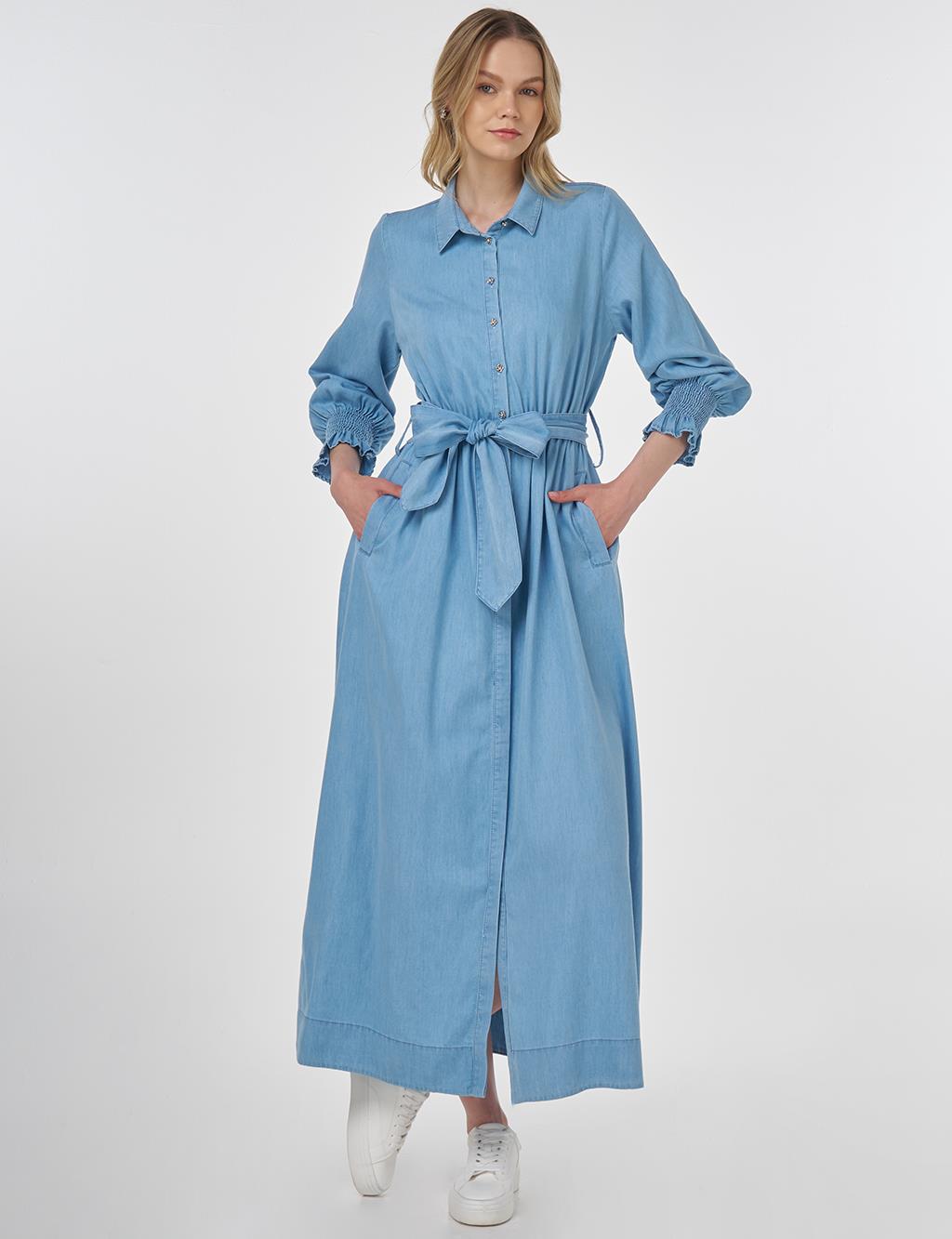 Lyocell Dress with Shirred Cuffs Ice Blue