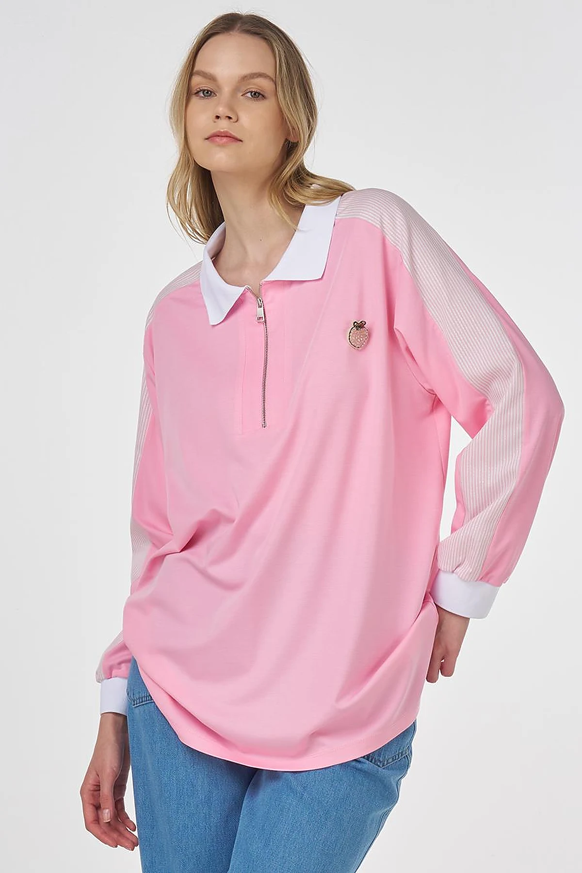 Brooch-Embellished Fabric-Trim Sweatshirt Candy Pink